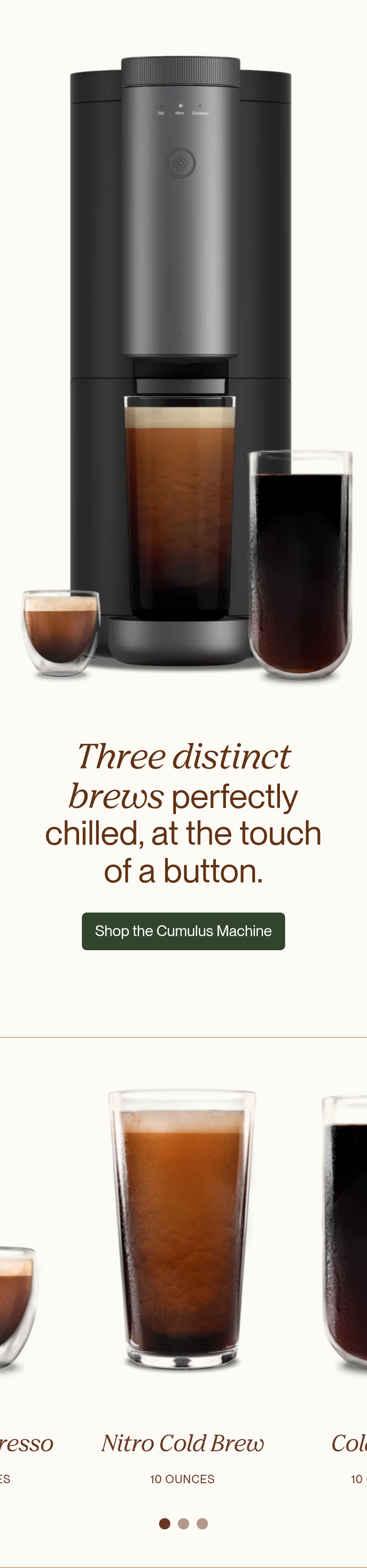 Three Distinct Brews section from Cumulus, on a phone