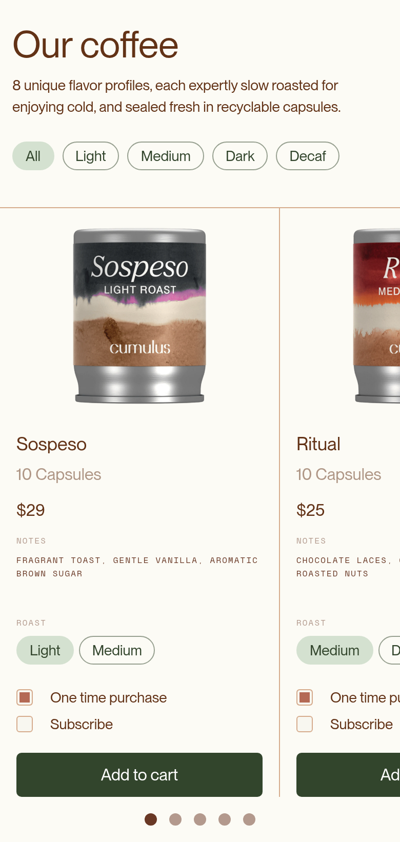 Our Coffee section from Cumulus, on a phone