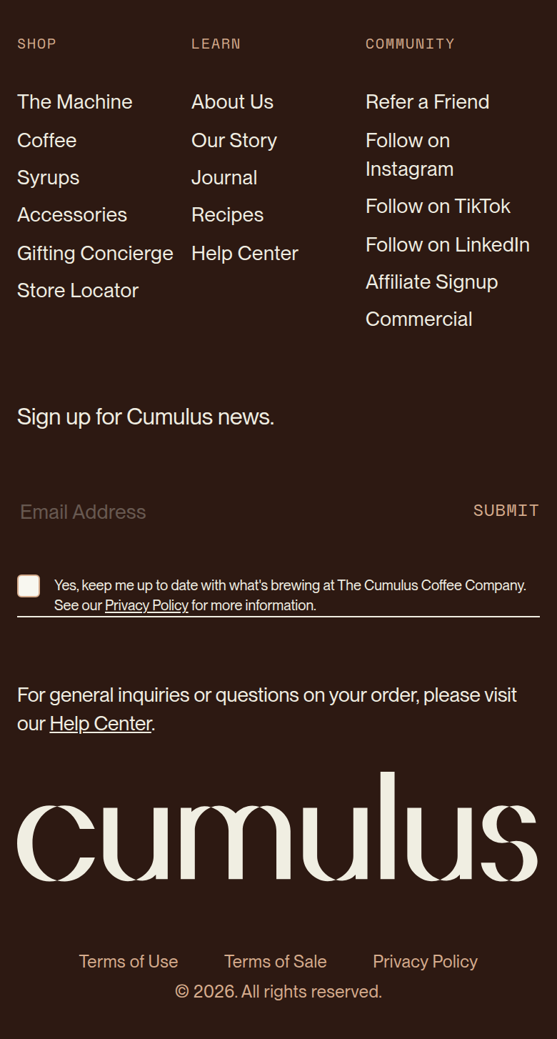 Footer section from Cumulus, on a phone