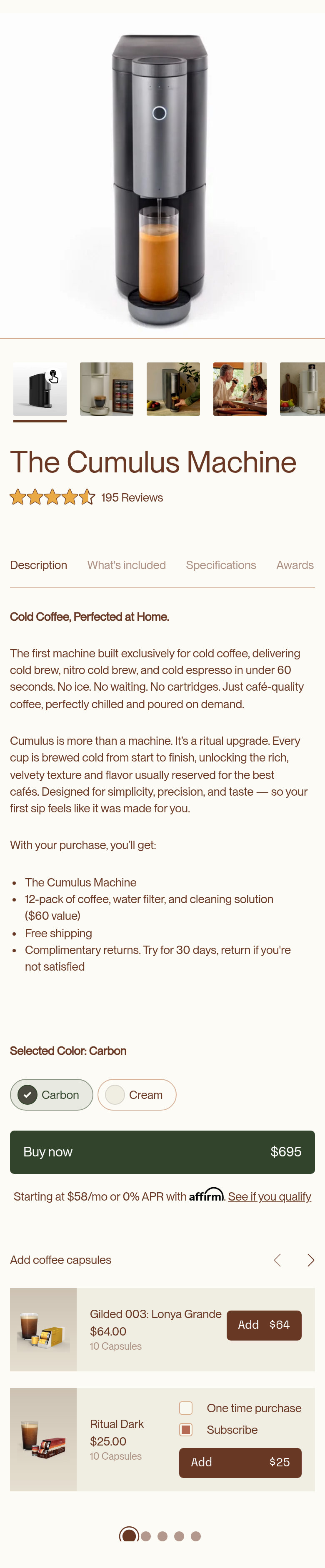 Product Details section from Cumulus, on a phone