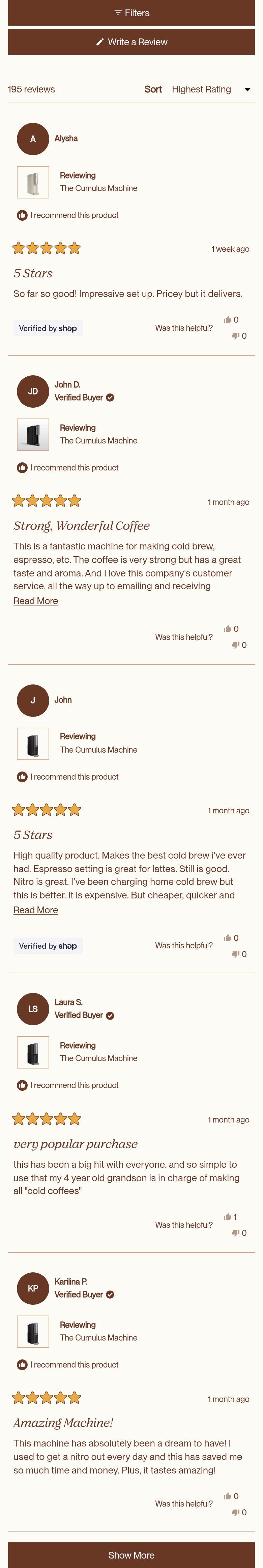 Customer Reviews section from Cumulus, on a phone