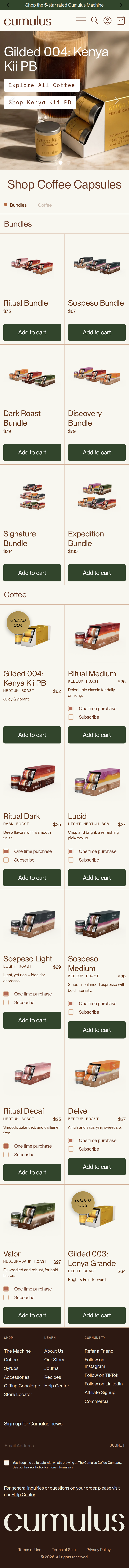 Coffee Capsules page of Cumulus, on a phone