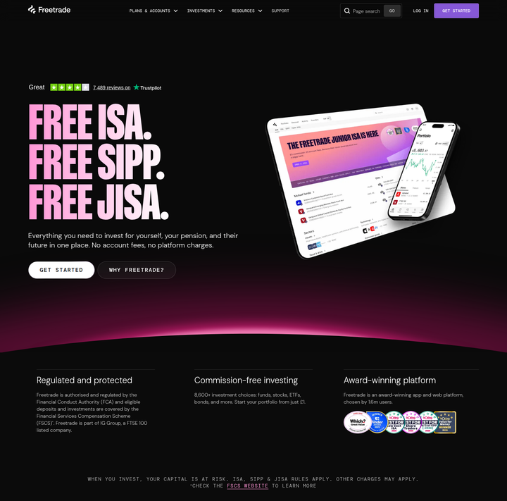 Free ISA. Free SIPP. Free JISA. section from Freetrade