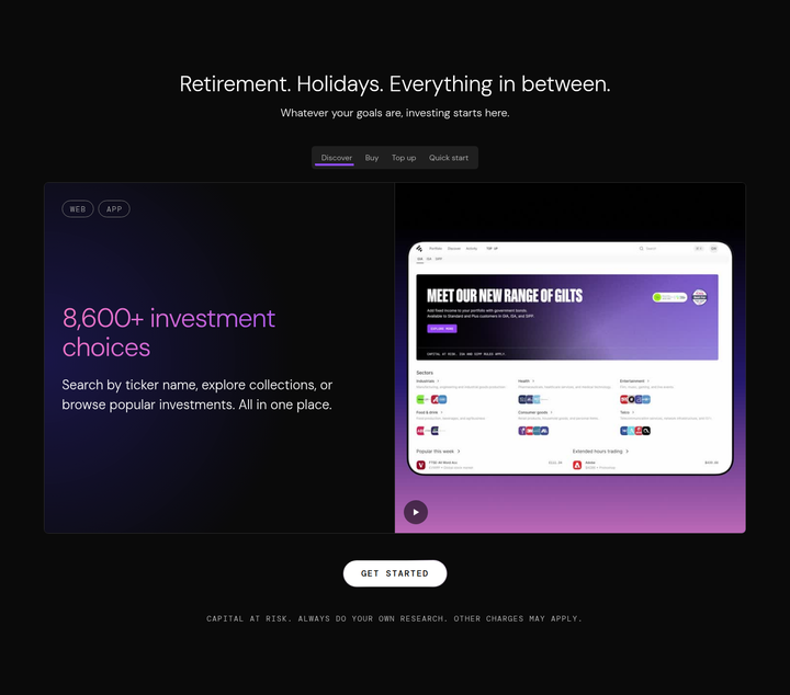 Retirement. Holidays. Everything in Between. section from Freetrade