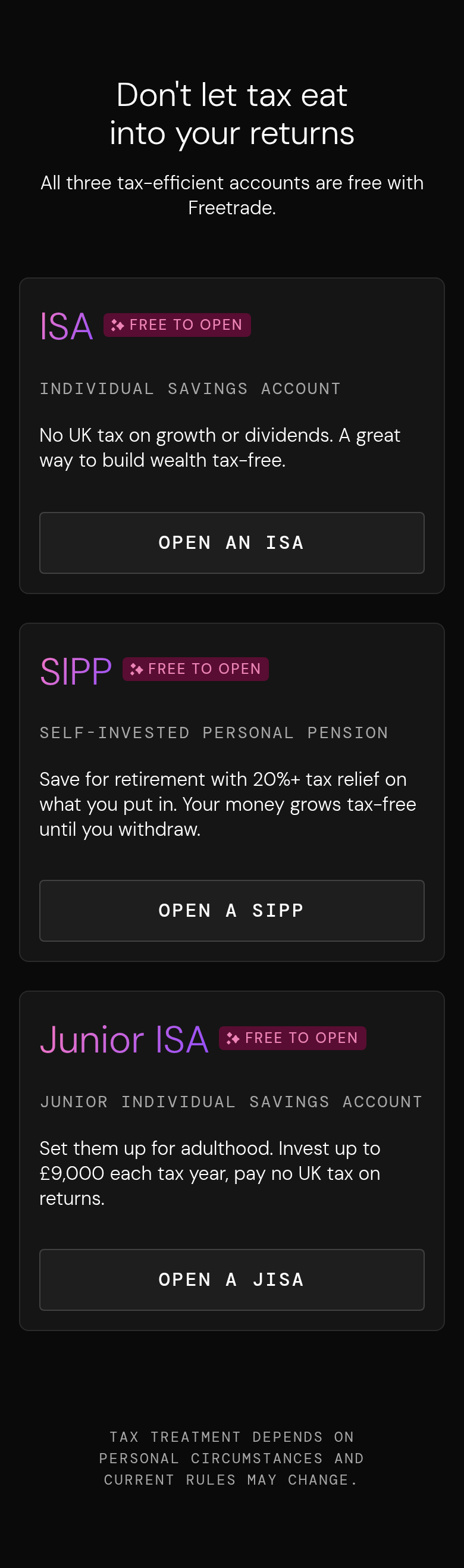 Don't Let Tax Eat Into Your Returns section from Freetrade, on a phone