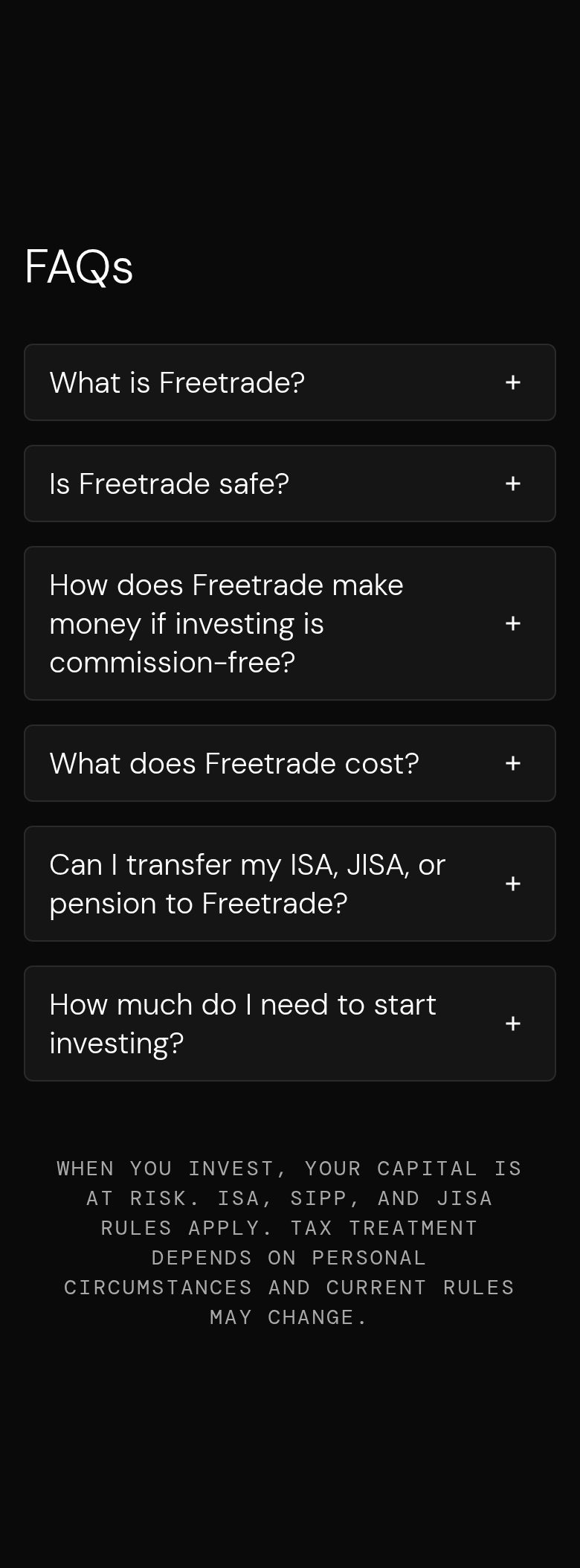 FAQs section from Freetrade, on a phone