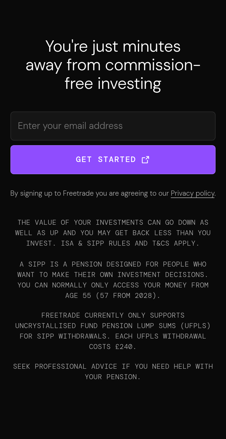 You're Just Minutes Away From Commission-Free Investing section from Freetrade, on a phone