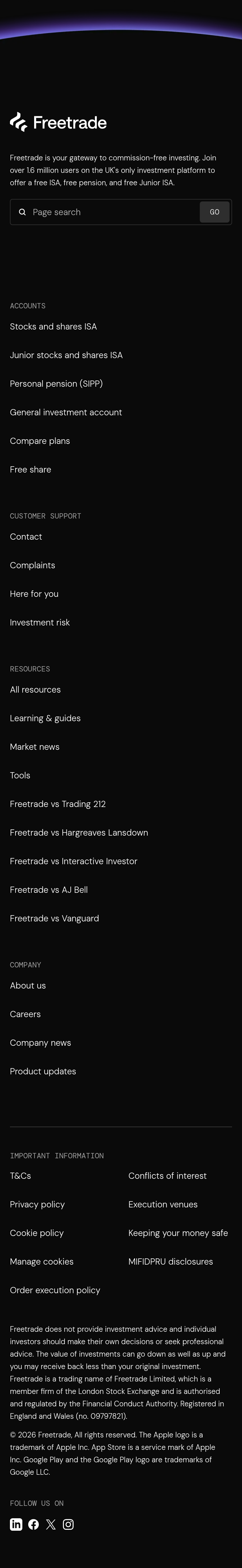 Footer section from Freetrade, on a phone