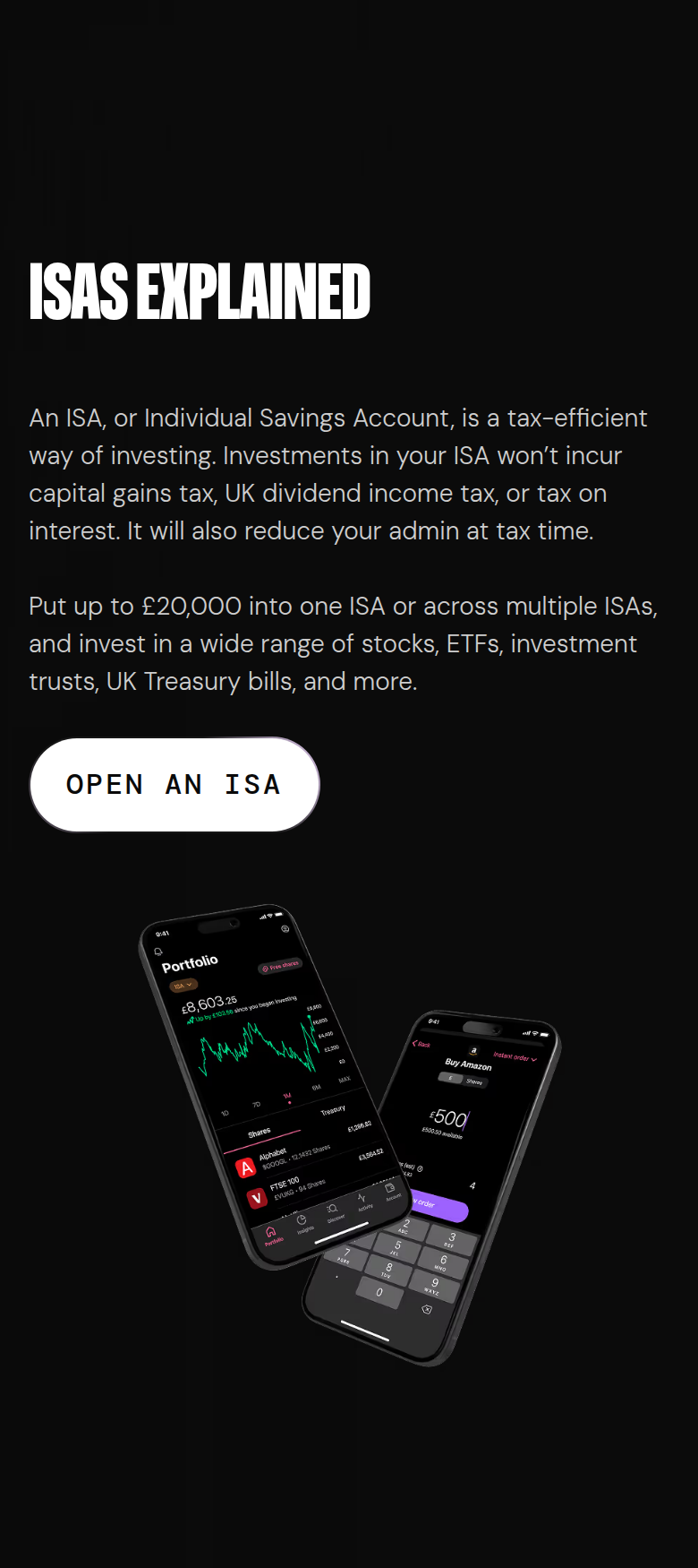 ISAs Explained section from Freetrade, on a phone