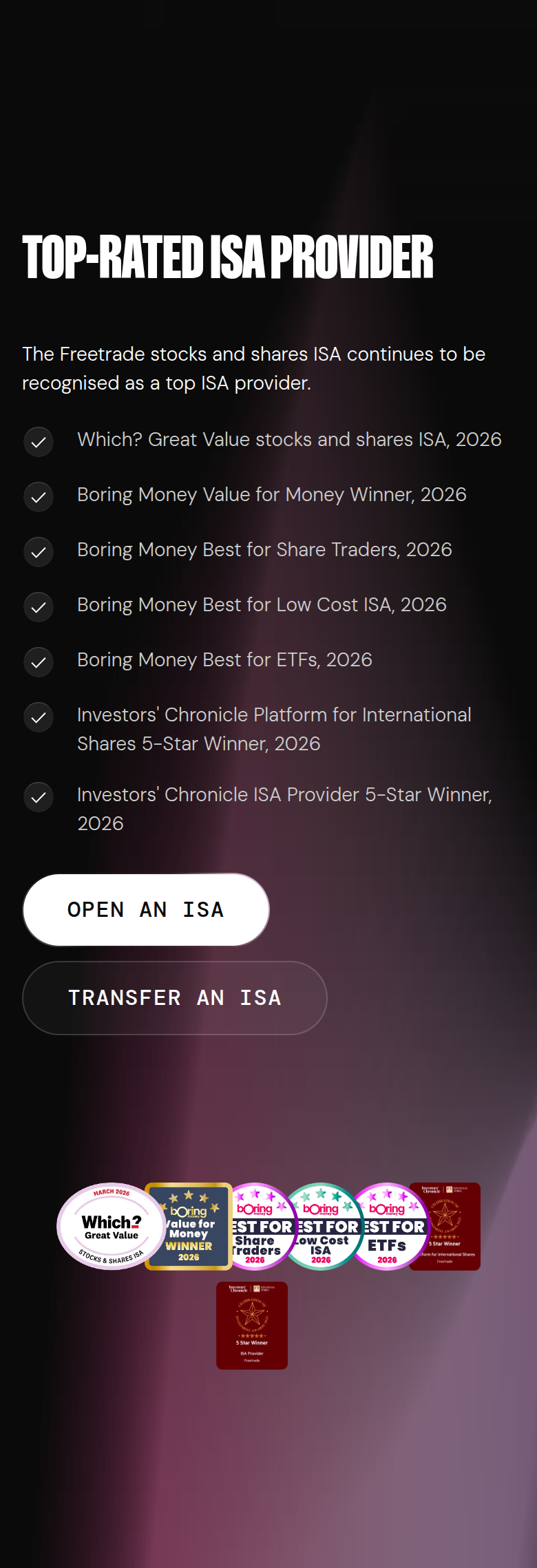Top-Rated ISA Provider section from Freetrade, on a phone