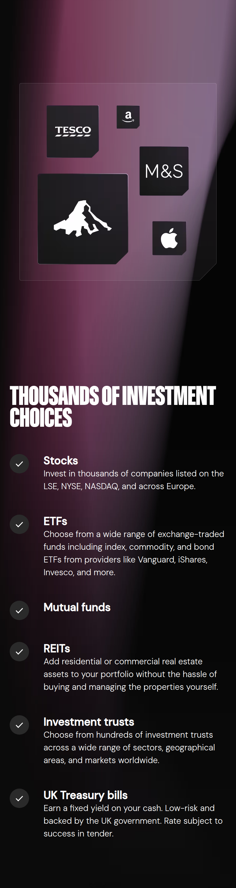 Thousands of Investment Choices section from Freetrade, on a phone