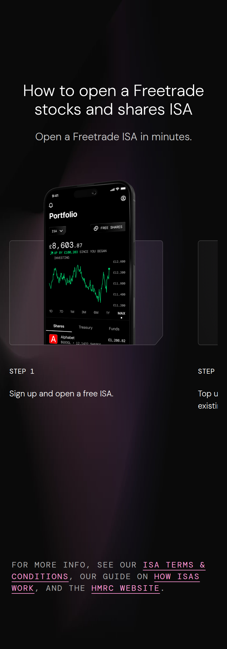 How to Open a Freetrade Stocks and Shares ISA section from Freetrade, on a phone