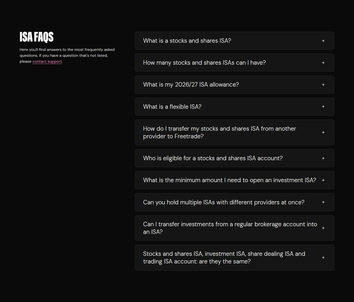 ISA FAQs section from Freetrade