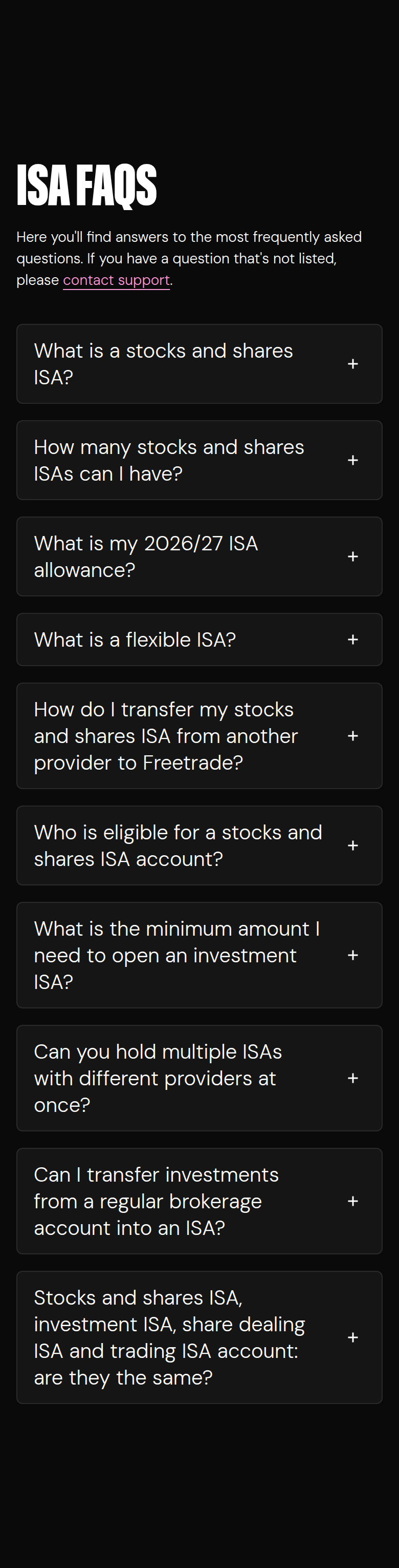 ISA FAQs section from Freetrade, on a phone