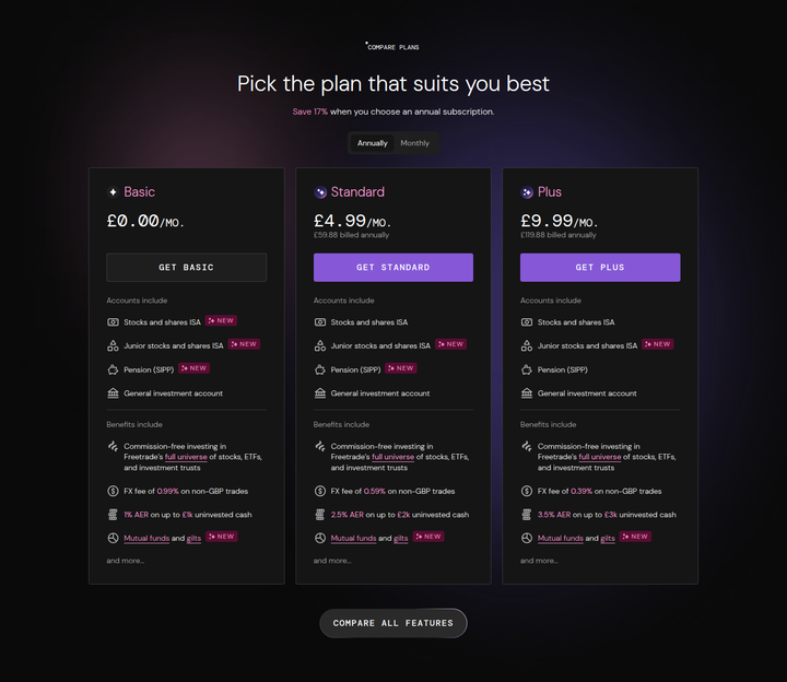 Pick the Plan That Suits You Best section from Freetrade