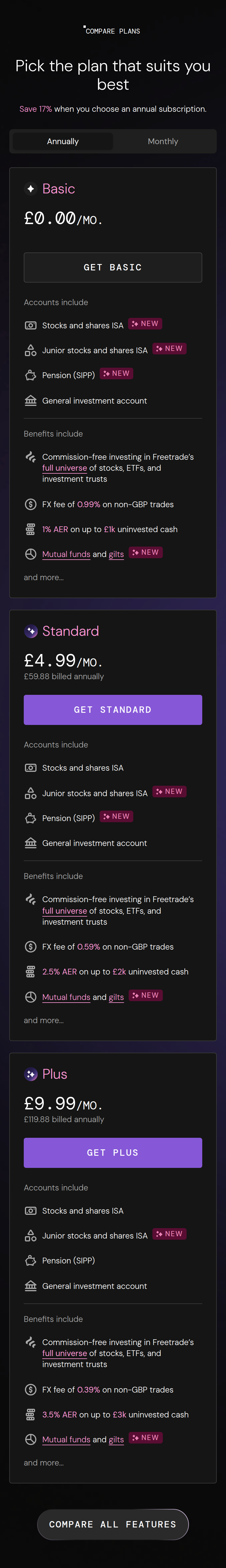 Pick the Plan That Suits You Best section from Freetrade, on a phone