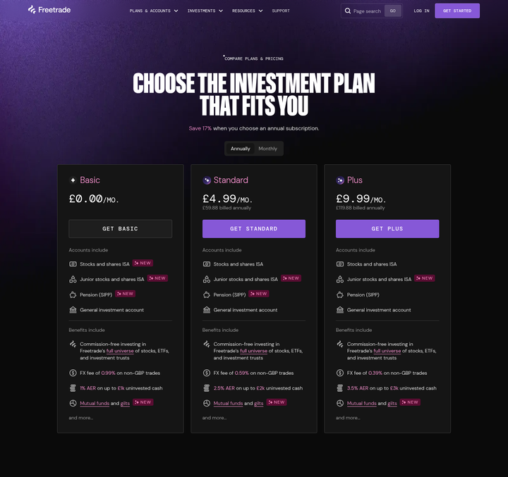 Choose the Investment Plan That Fits You section from Freetrade