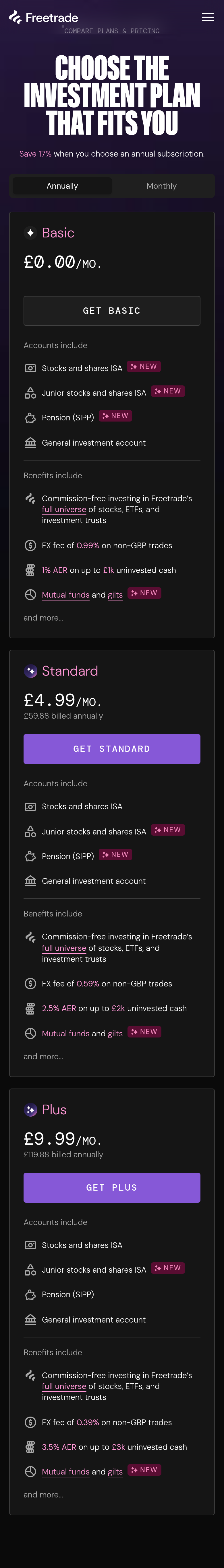 Choose the Investment Plan That Fits You section from Freetrade, on a phone