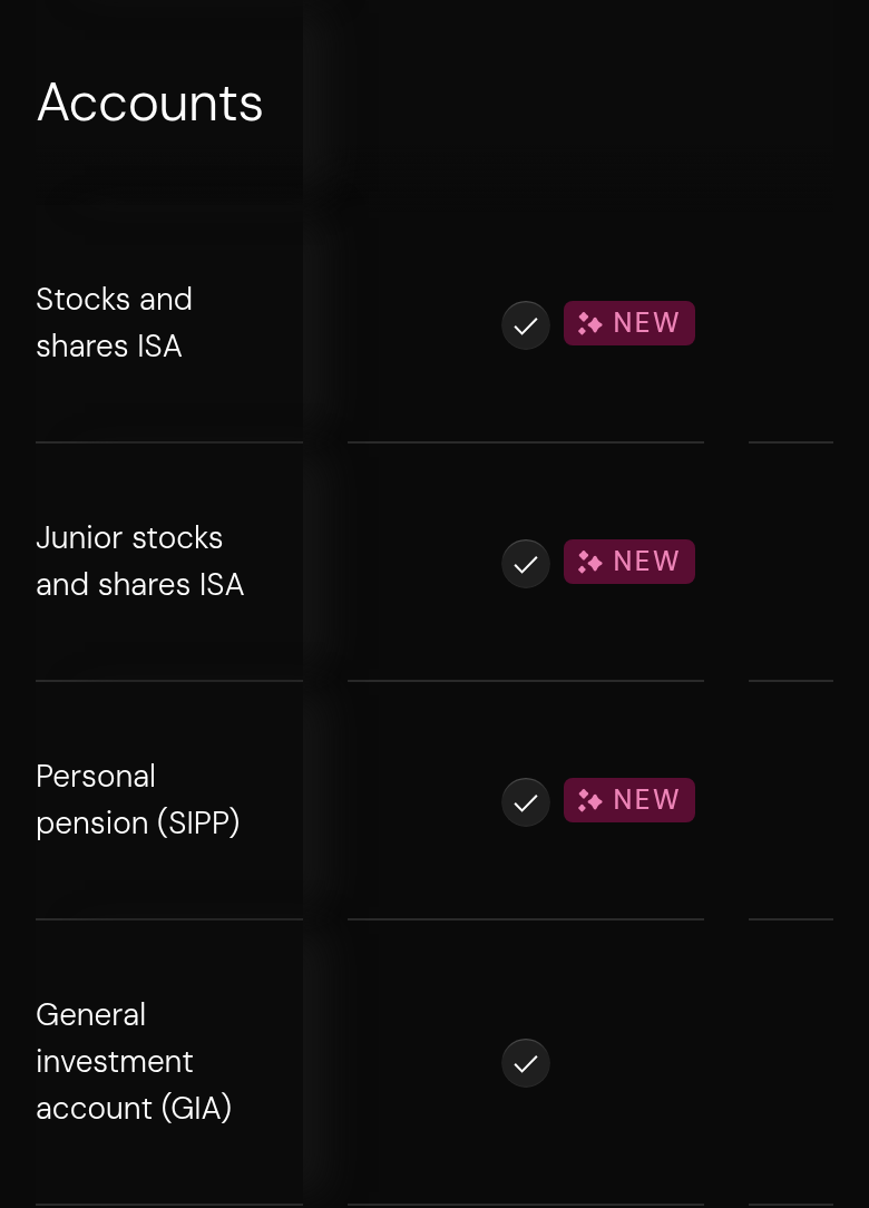 Accounts section from Freetrade, on a phone