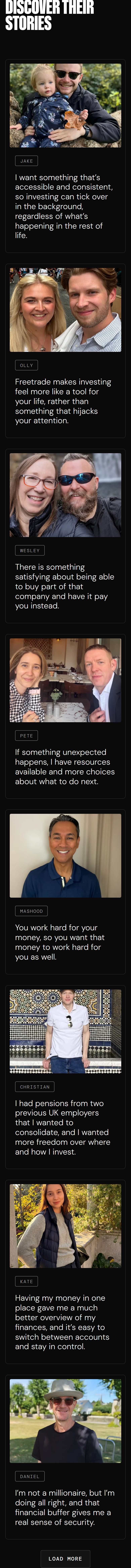 Discover Their Stories section from Freetrade, on a phone