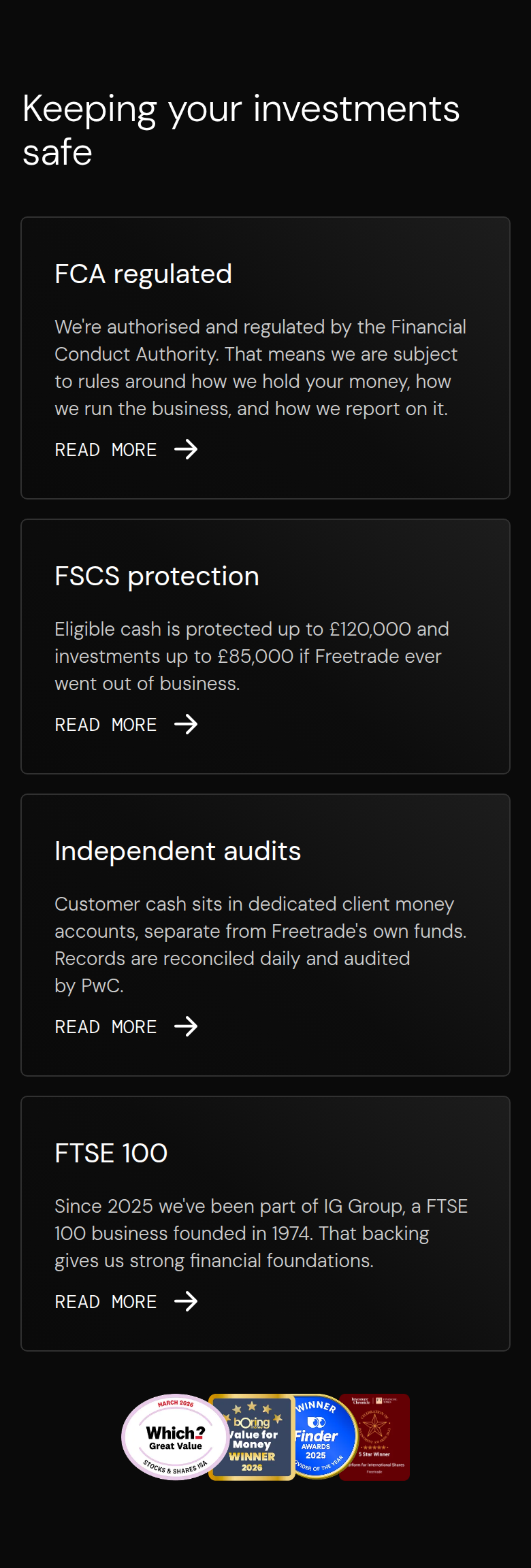 Keeping Your Investments Safe section from Freetrade, on a phone
