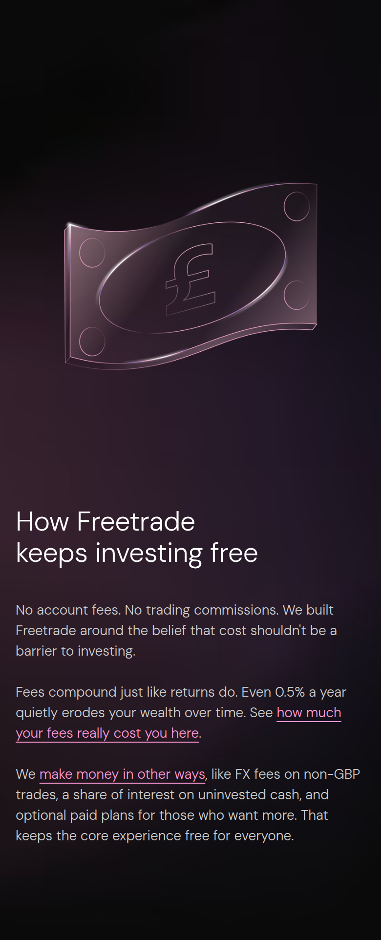 How Freetrade Keeps Investing Free section from Freetrade, on a phone
