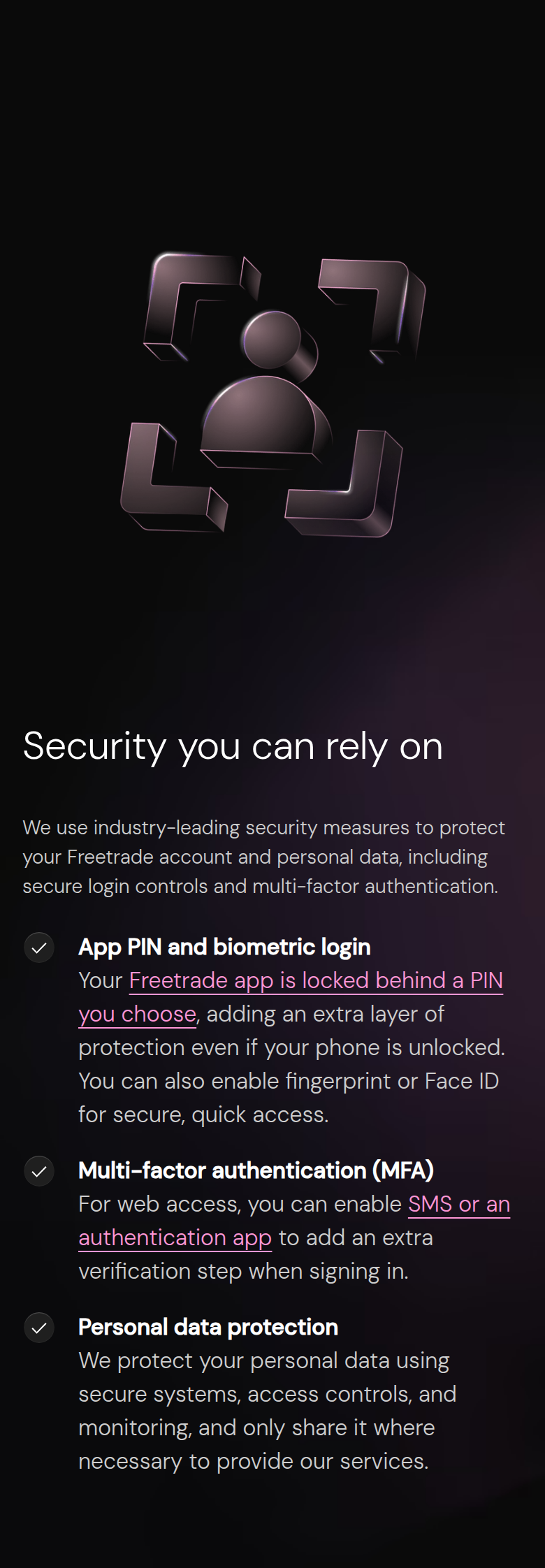 Security You Can Rely On section from Freetrade, on a phone