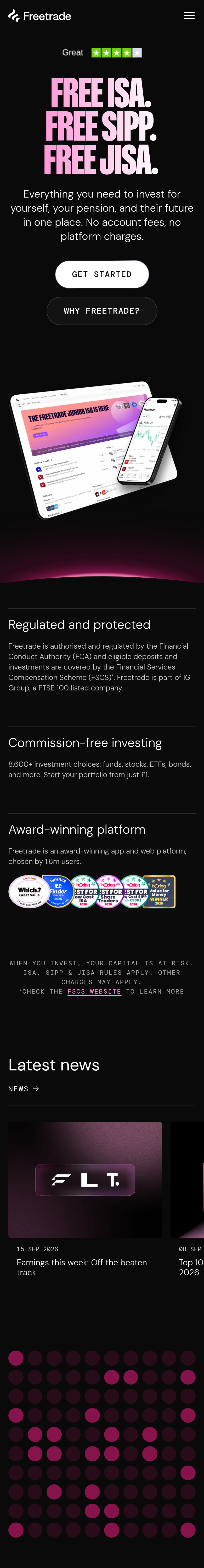 Home page of the Freetrade website, on a phone