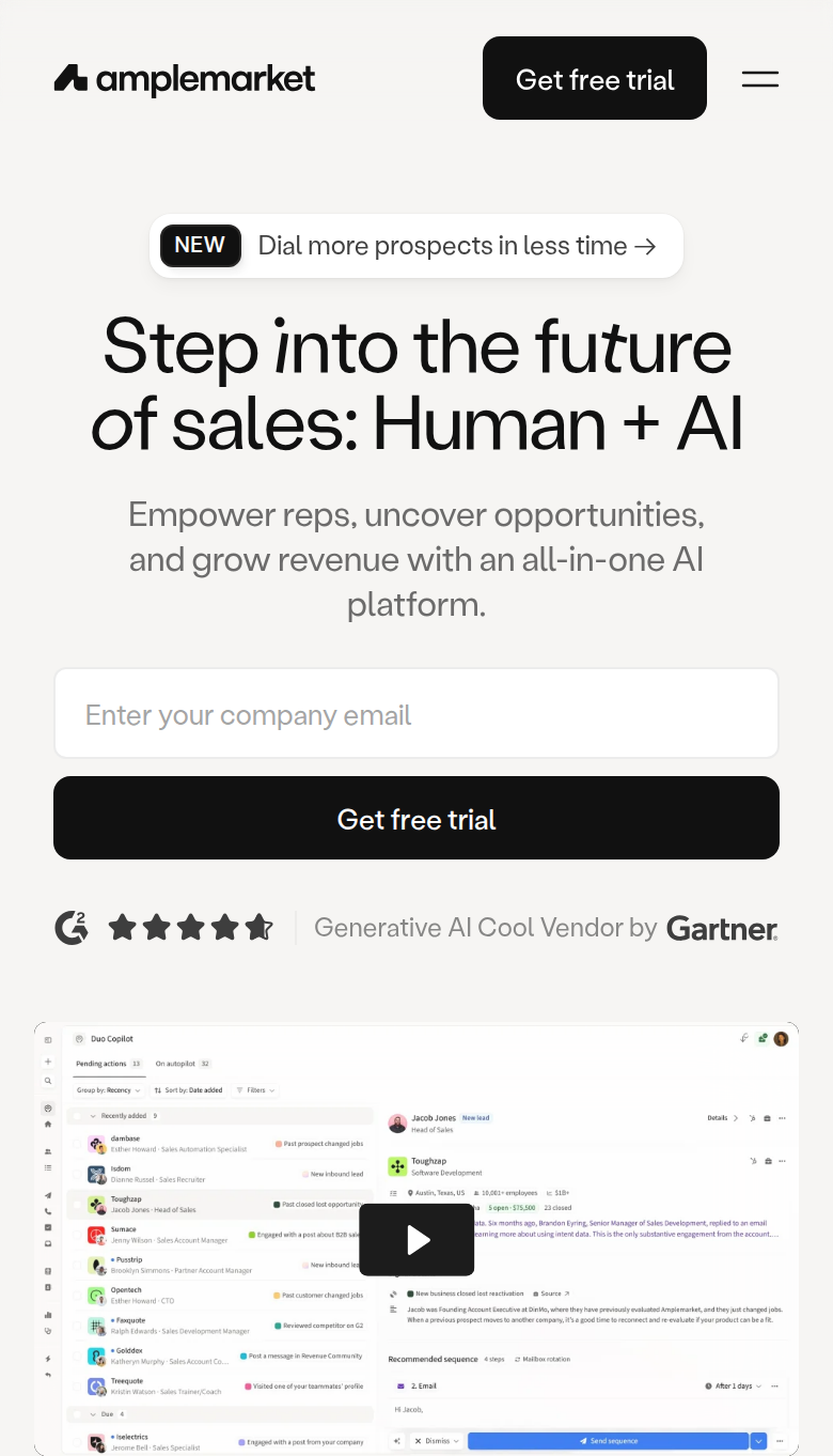 Step Into the Future of Sales: Human + AI section from Amplemarket, on a phone