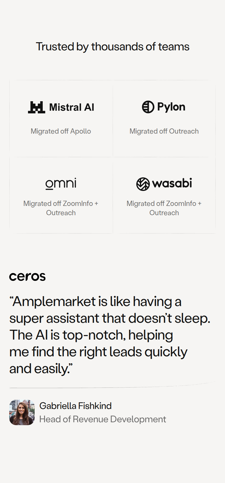 Trusted by Thousands of Teams section from Amplemarket, on a phone