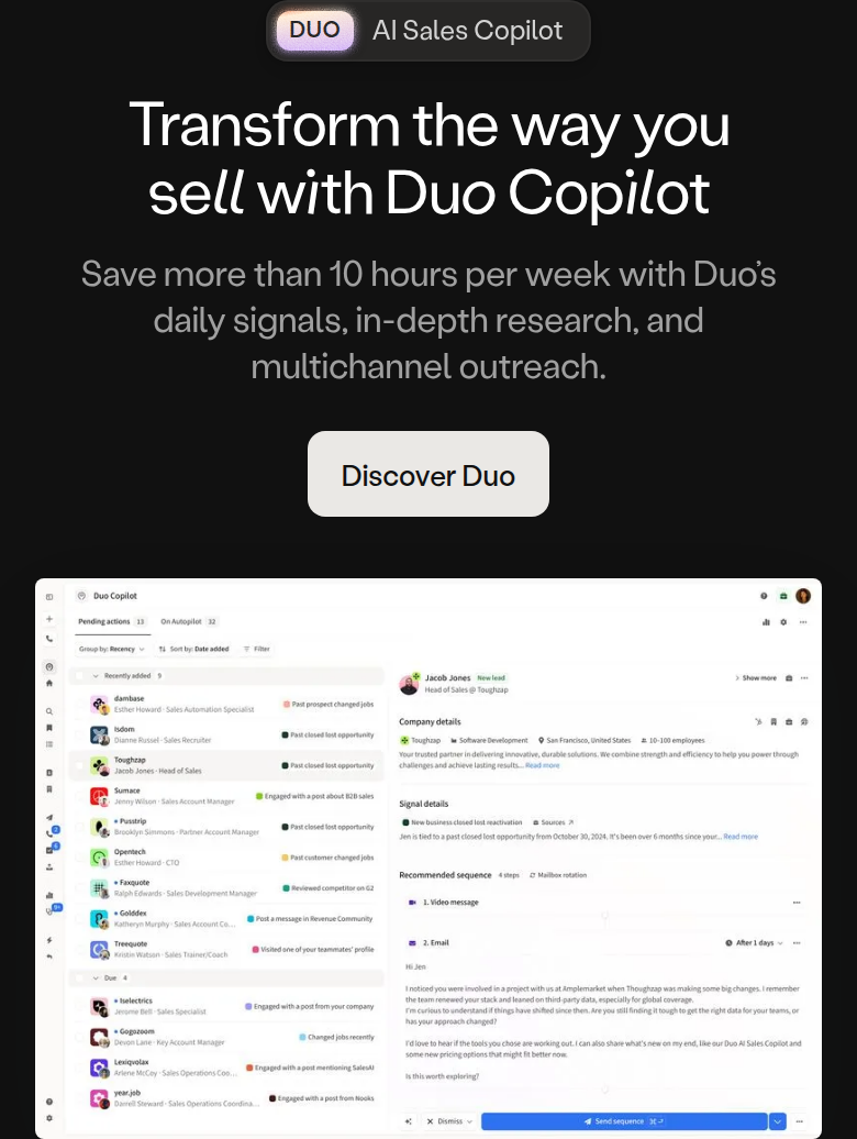 Transform the Way You Sell With Duo Copilot section from Amplemarket, on a phone