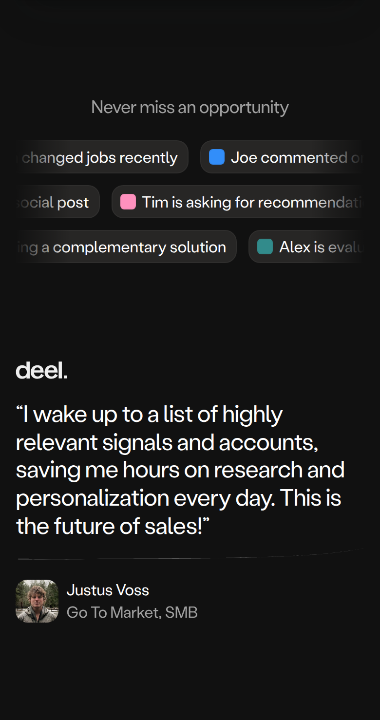 Never Miss an Opportunity section from Amplemarket, on a phone