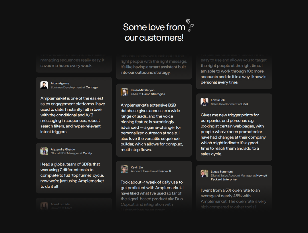 Some Love From Our Customers section from Amplemarket