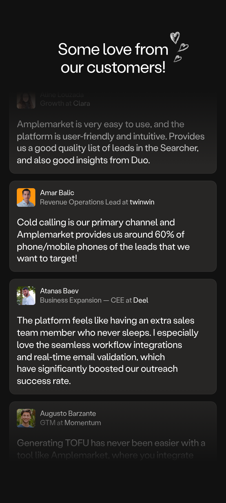 Some Love From Our Customers section from Amplemarket, on a phone