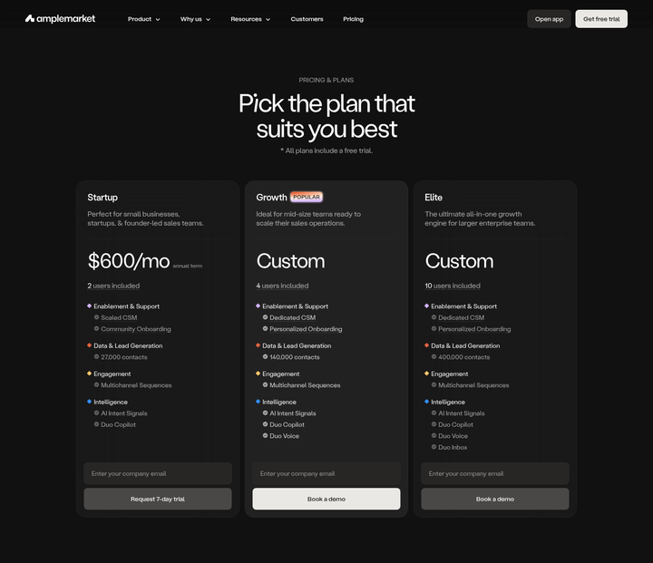 Pick the Plan That Suits You Best section from Amplemarket