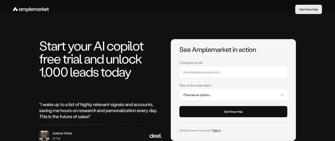 Start Your Free Trial and Unlock 1,000 Leads section from Amplemarket