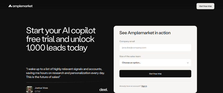 Start Your Free Trial and Unlock 1,000 Leads section from Amplemarket