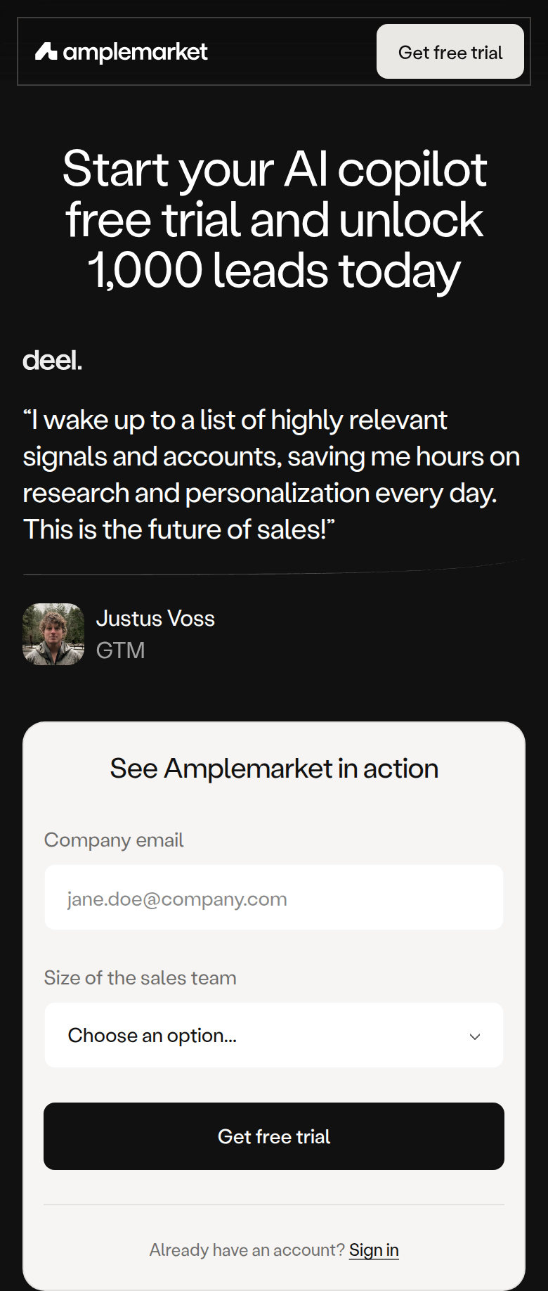 Start Your Free Trial and Unlock 1,000 Leads section from Amplemarket, on a phone