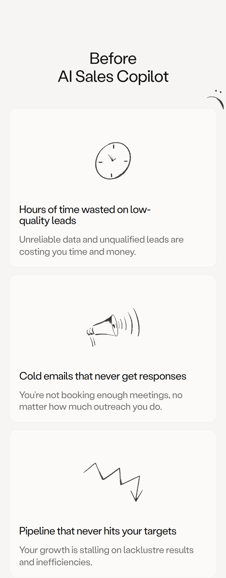 Before AI Sales Copilot section from Amplemarket, on a phone