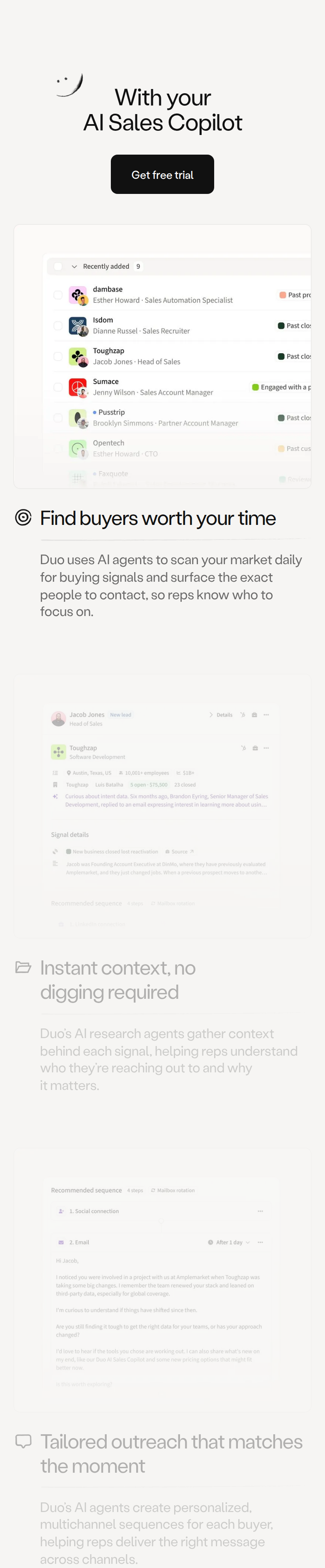 With Your AI Sales Copilot section from Amplemarket, on a phone