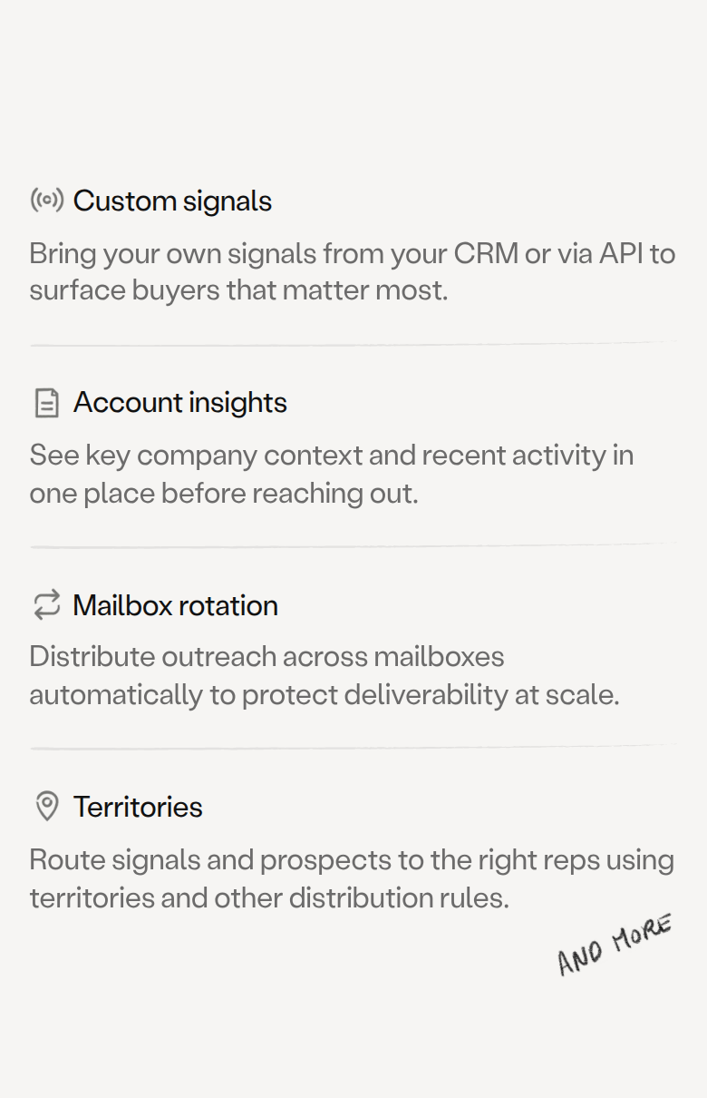 Custom Signals section from Amplemarket, on a phone