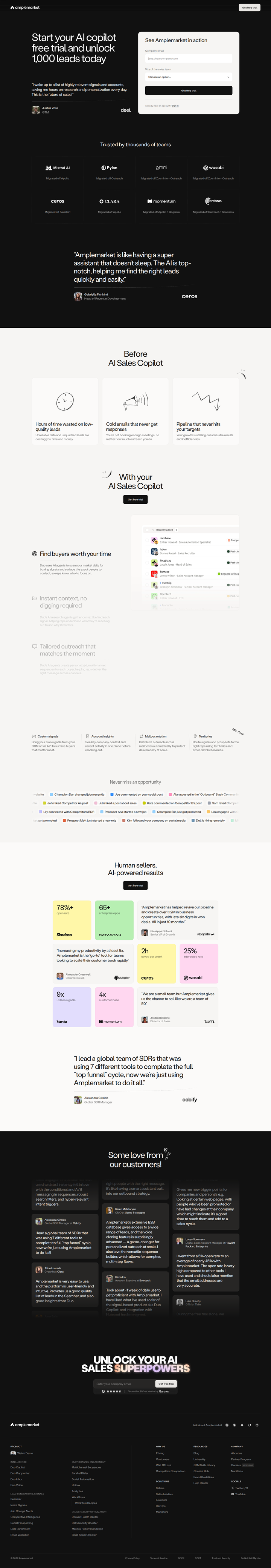 Free Trial Landing Page page from Amplemarket