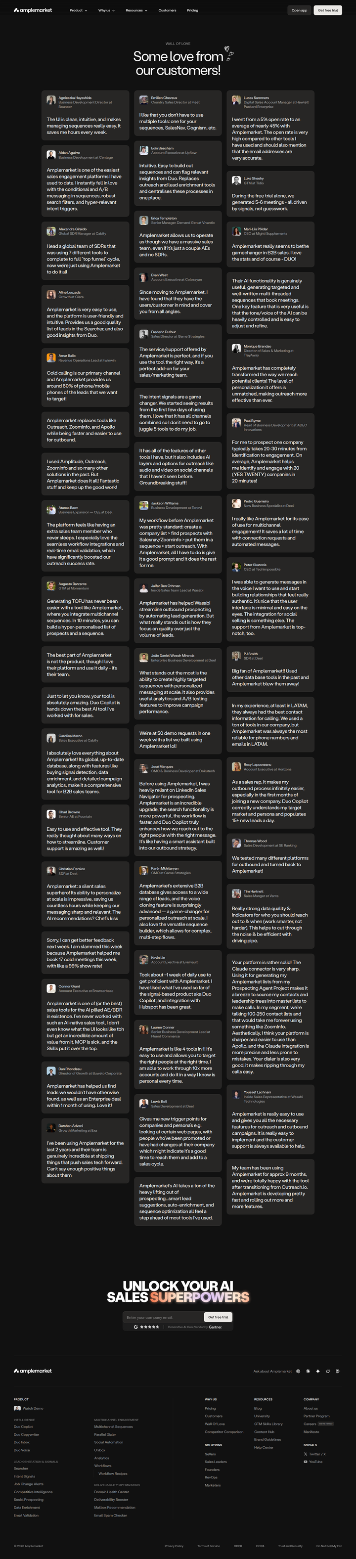 Wall of Love page from Amplemarket