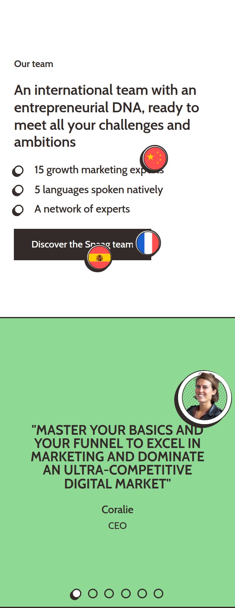 Our Team section from Spaag, on a phone