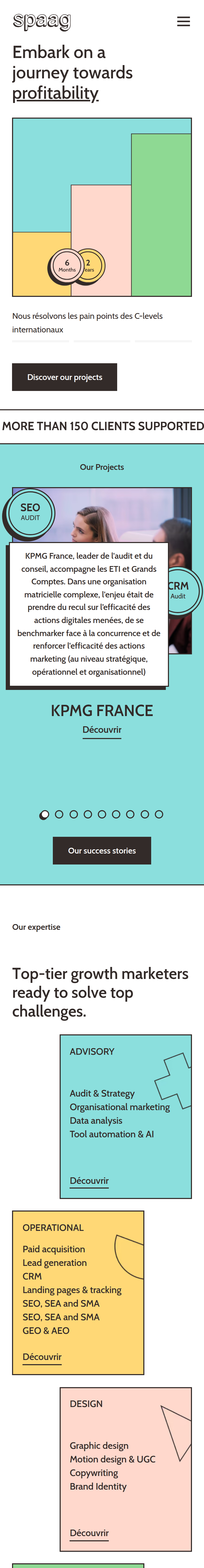 Home page of the Spaag website, on a phone