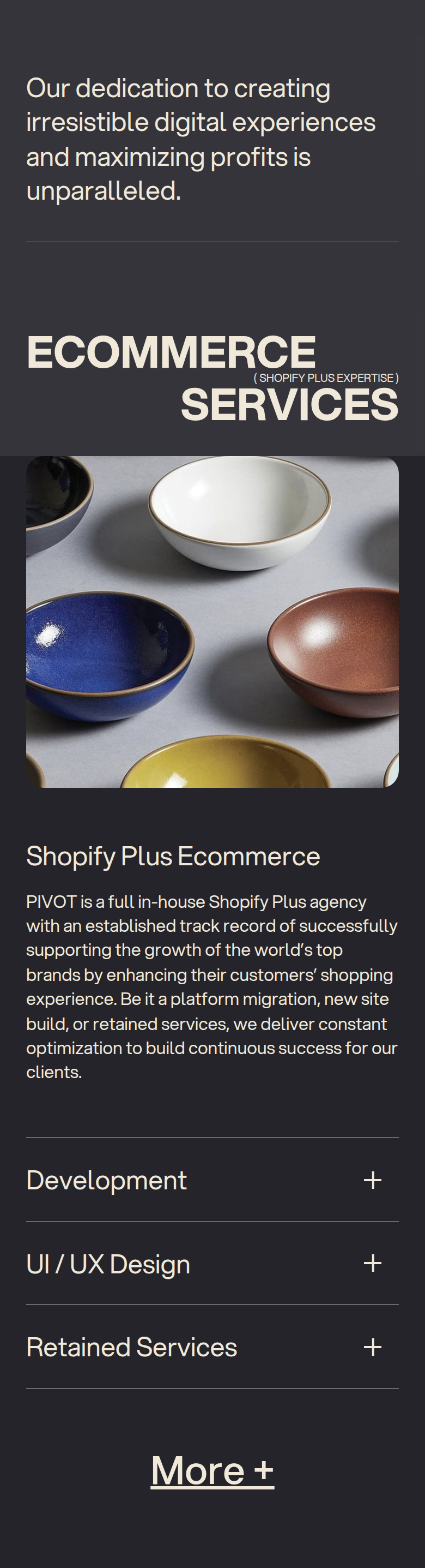Ecommerce Services section from PIVOT, on a phone