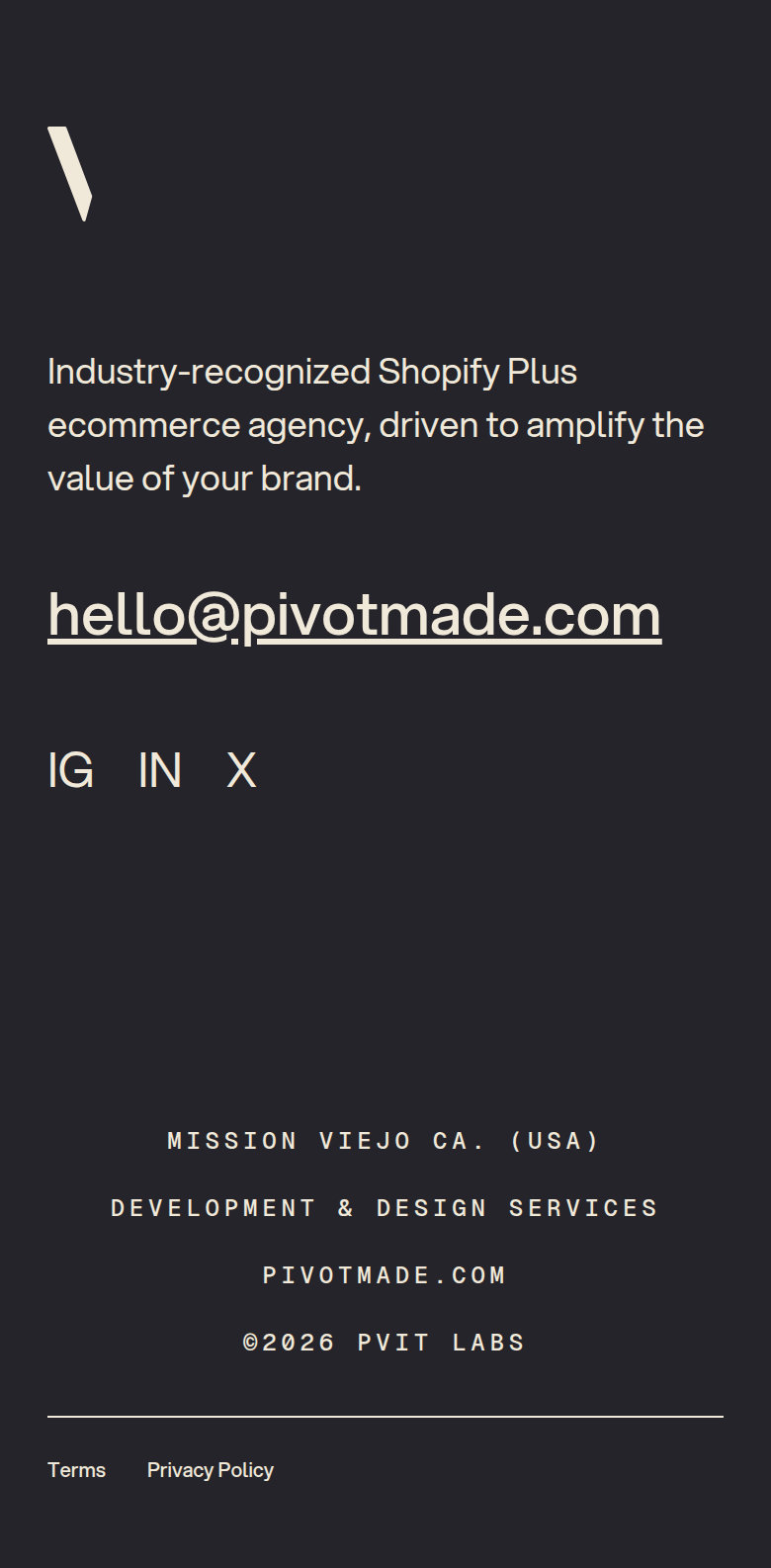 Footer section from PIVOT, on a phone