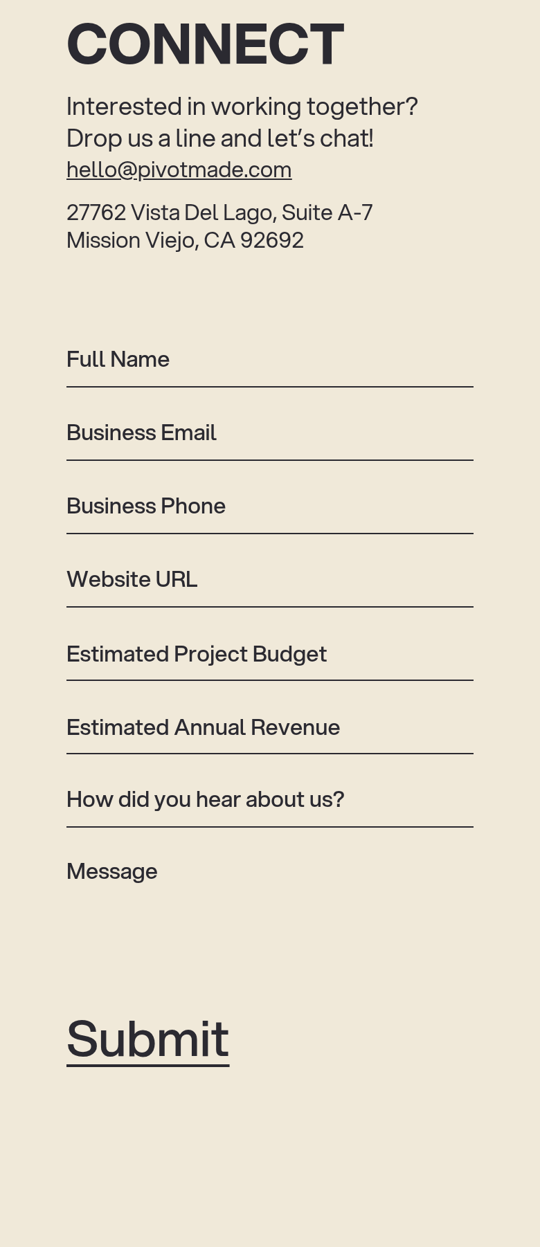 Contact Form section from PIVOT, on a phone