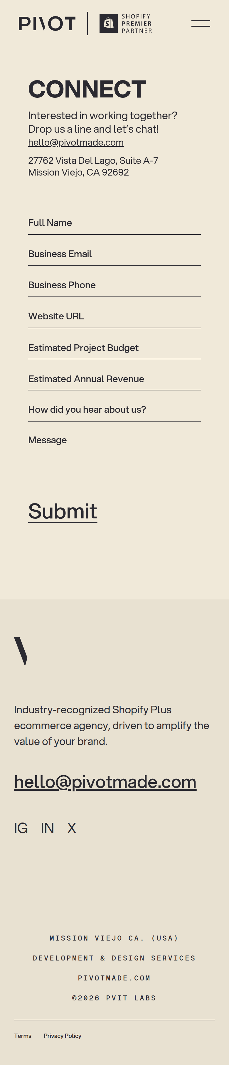 Contact page of PIVOT, on a phone