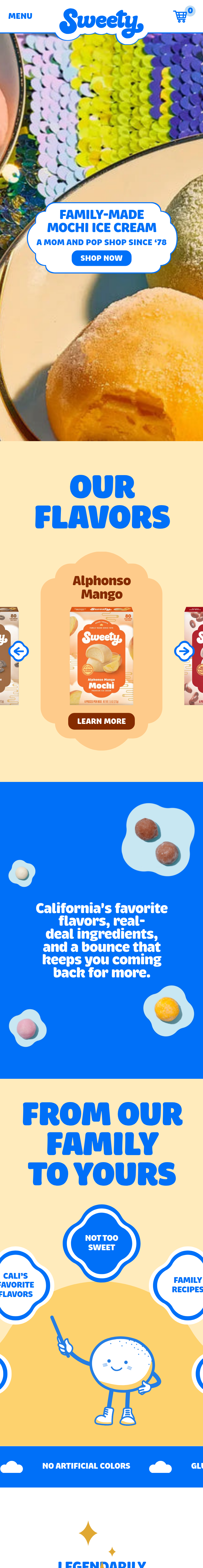 Home page of the Sweety Ice Cream website, on a phone
